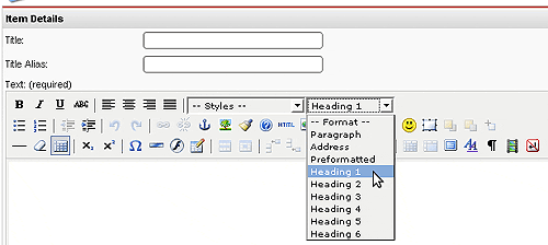 Adding headings in the Joomla HTML editor