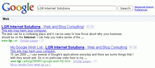 LGR Internet Solutions search on Google on January 31, 2009 AM. Google falsely reporting it will harm a computer.